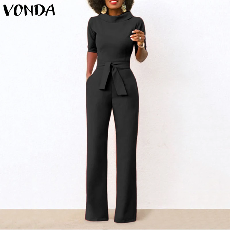 

Party Jumpsuits VONDA 2022 Wide Leg Long Trousers Women Casual Short Sleeve OL Office Overalls Femme Playsuits Pantalones