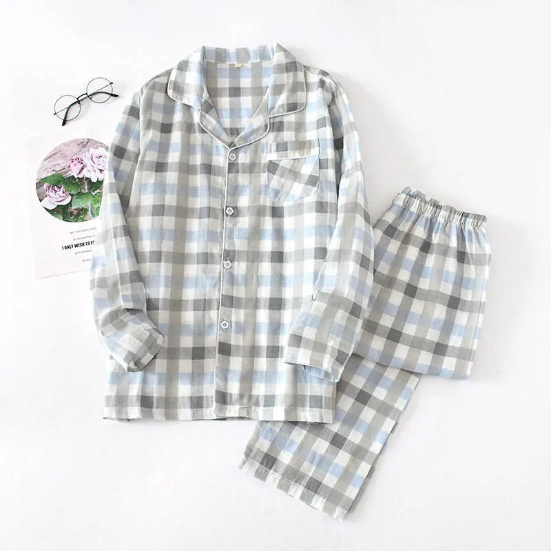 Simple Style Men And Women Plaid Homewear Lovers Full Sleeve Pajamas Set Coup;es Comfort Gauze Cotton Sleepwear Set For Spring