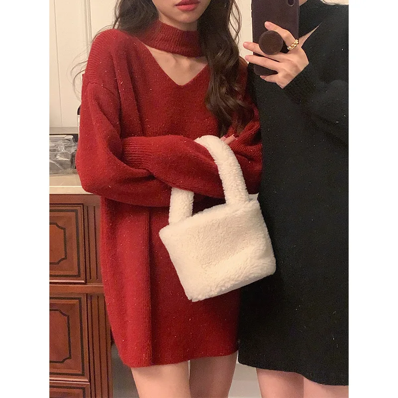 

Woman Dress 2021 New Korean Fashion Elegant All-match Christmas Red V-neck Hollow Halter Neck Loose Long Knitted Sweater Dresses