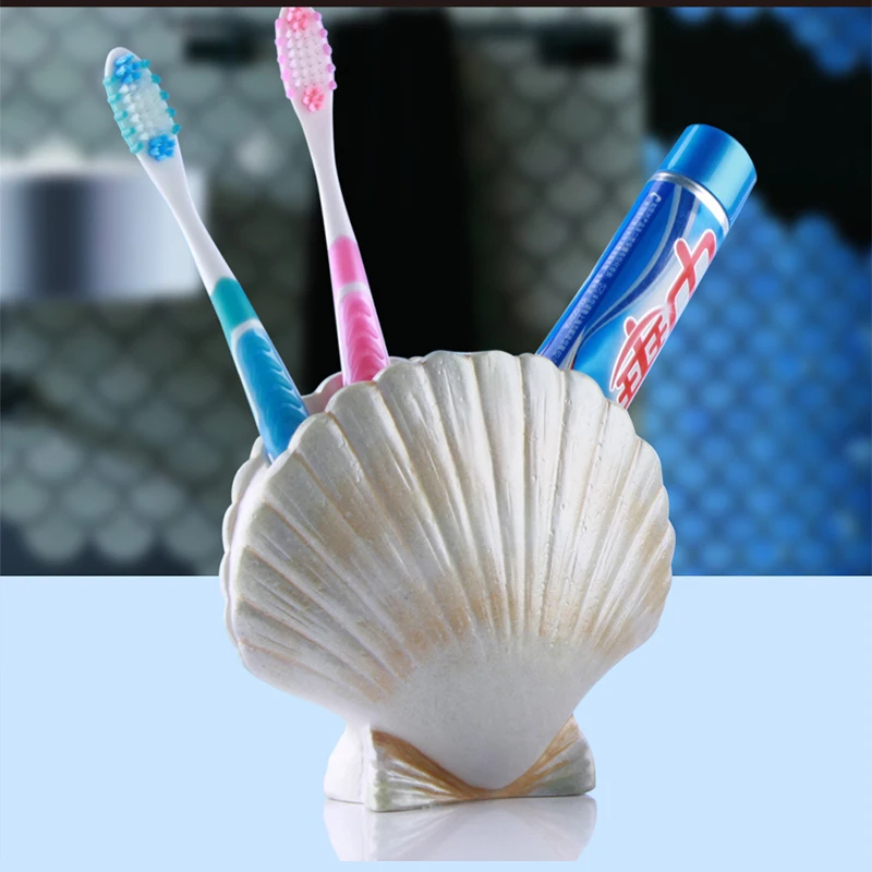 

High-Grade Mediterranean Sea Style Toothbrush Holder Shell Shape Resin Bathroom Toothpaste Storage Technology Desktop Decoration
