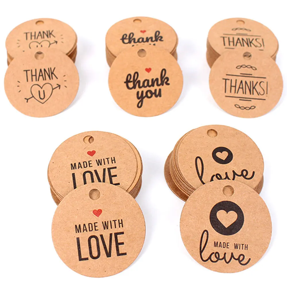 

100pcs 4cm Kraft Paper Hang Tags Round Shape Thank You Cards for Wedding Party DIY Packaging Gift Paper Tag Price Label Cards