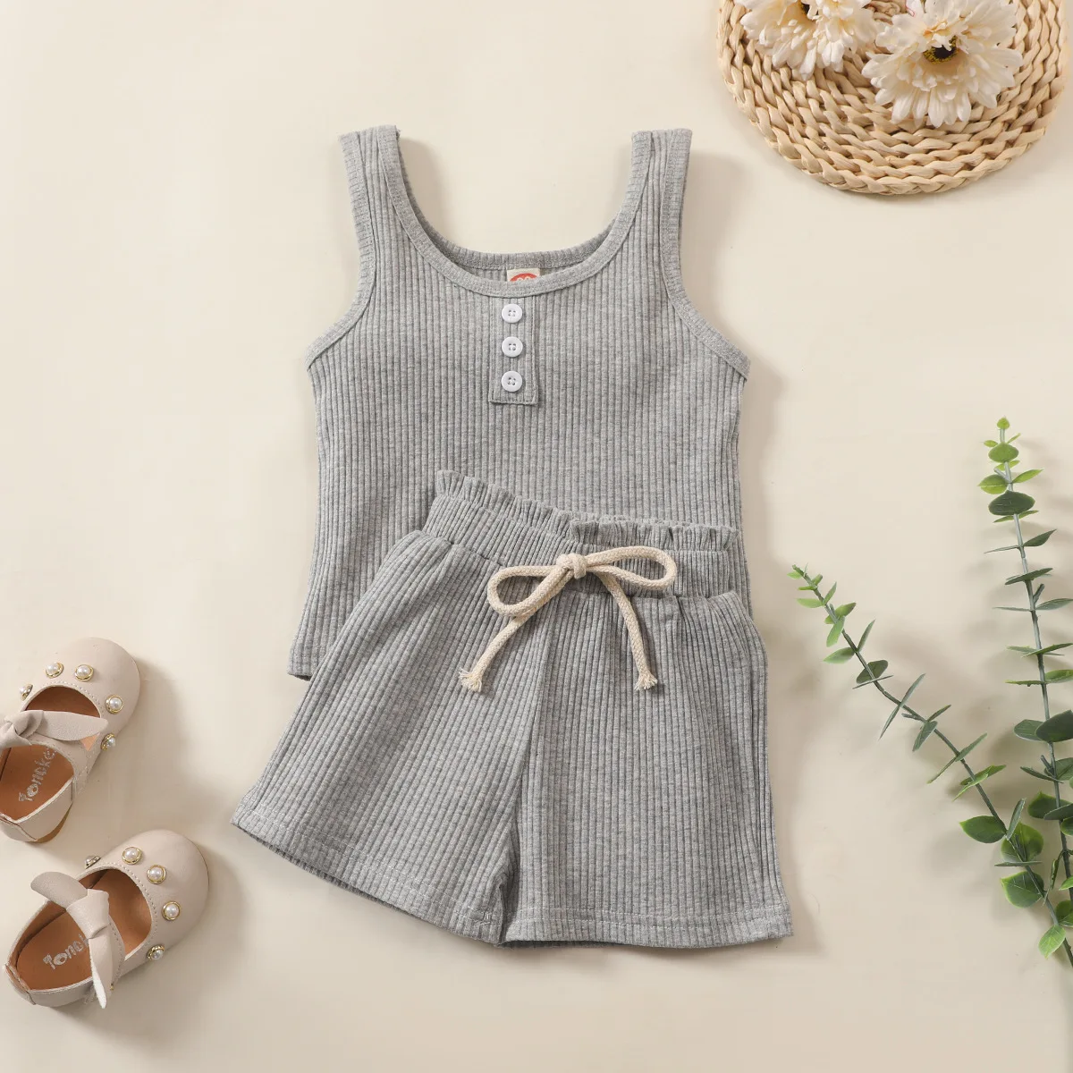 

2021 Fashion Summer Kids Shorts Set 2pcs Soft Ribbed Sleeveless Shirts+Pants Baby Boys Girls Solid Cotton Clothes Children Suit
