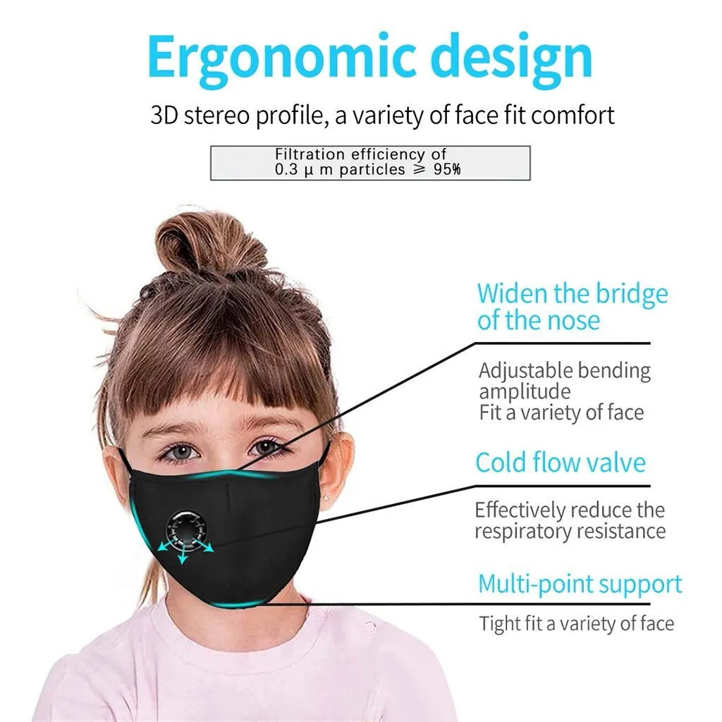 

4PC Children Cotton Cloth Masks Reusable Dustproof Washable Breathing Valve PM2.5 Carbon Filter Outdoor Adjustable Earloop MaskC