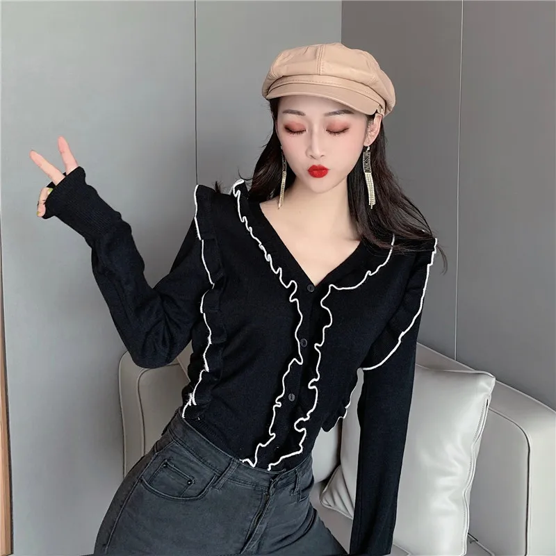 

ulzzang woman fashion brand sweet style knitted ruffles pullovers v-neck ladies tops long sleeve autumn Korean new sweater