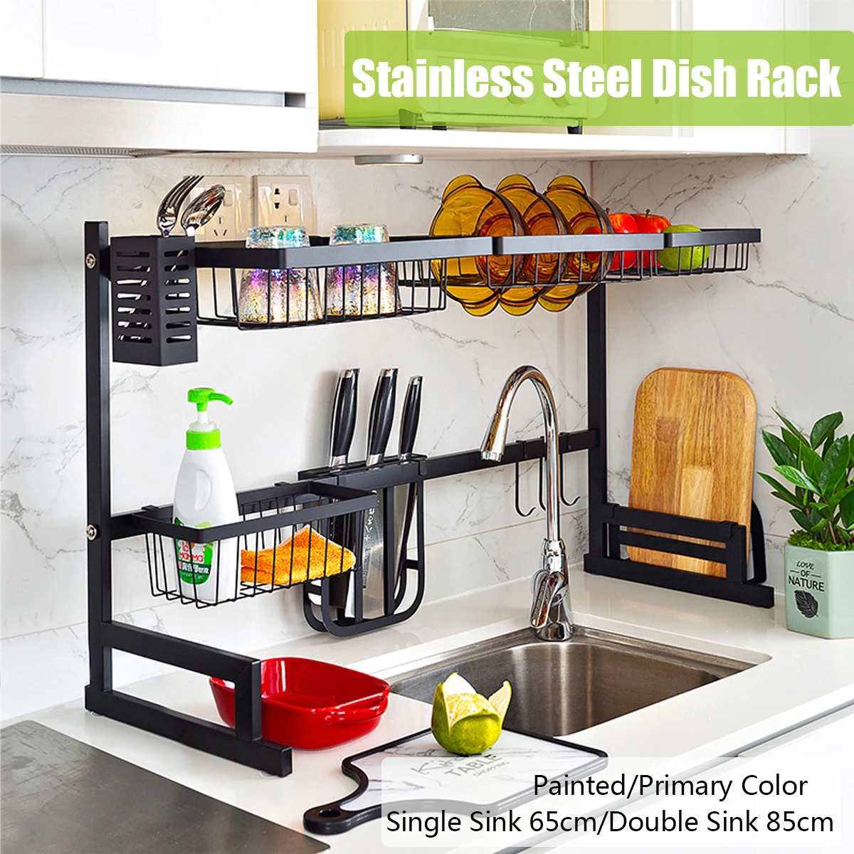 

65/85CM Stainless Steel Kitchen Shelf Organizer Dishes Drying Rack Over Sink Drain Rack Kitchen Countertop Utensils Holder