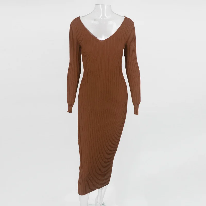 

Autumn Winter Sweater Dress Women Sexy V Neck Off Shoulder Long Sleeve Pullover Knitted Dress Casual Backless Tight Midi Dresses