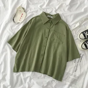 Женская винтажная рубашка с коротким рукавом, однотонная Свободная блузка в Корейском стиле с отложным воротником, повседневные шикарные топы для девушек, лето 2021