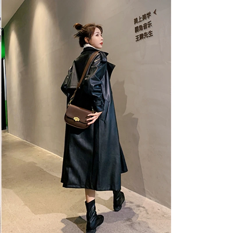 High-End Long Leather Trench Coat For Women Long Sleeve Lapel Loose Fit Fall Stylish Black Female Clothing Streetwear Outerwear enlarge