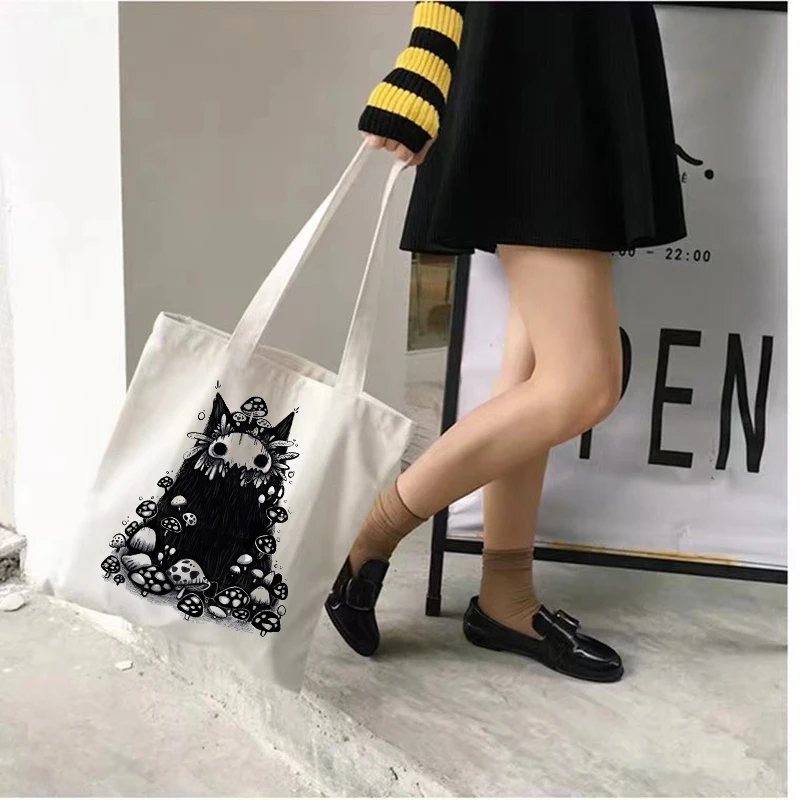 

Women Mushroom Eco Black Cotton Canvas Shopper Bag Girl Harajuku 90s Y2K Classic Vintage Shoulder Handbag Female Bolsa Compra