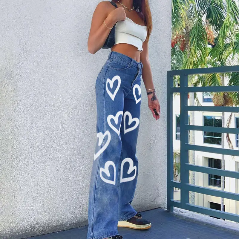 

Traf Y2k Women's Pants Printed Jeans Features Loose Versatile Pants 2020 New European and American Sexy Female Love Graffiti Age