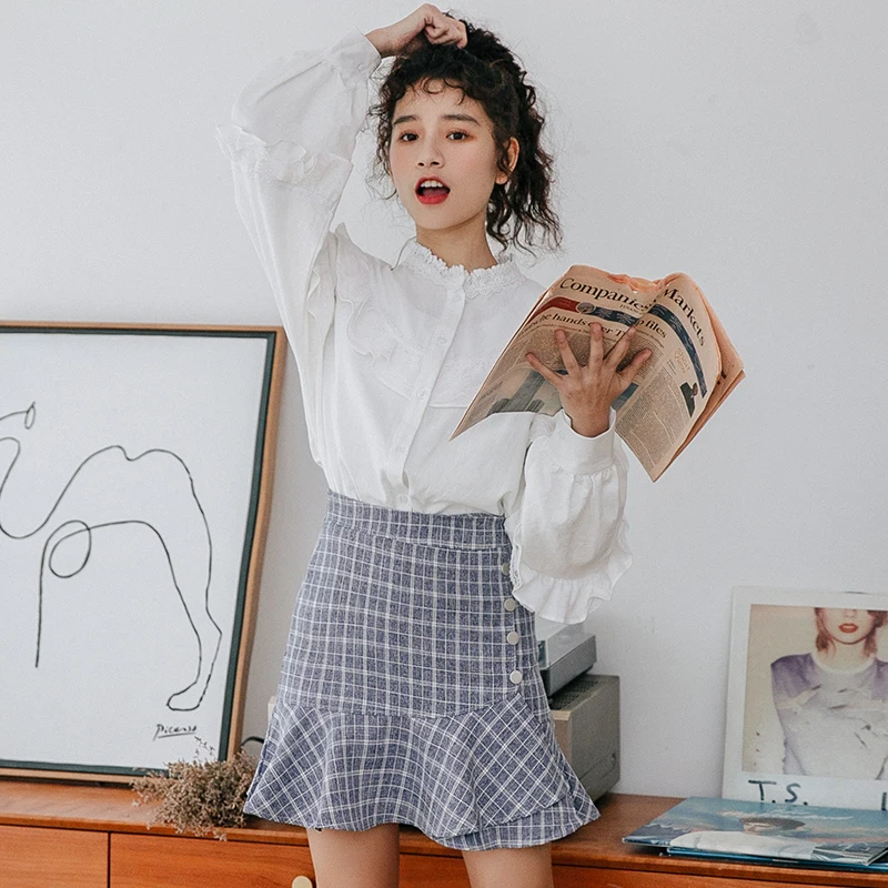 COIGARSAM 2019 Новая Осенняя Милая Маленькая прозрачная (магазин) женская рубашка белая