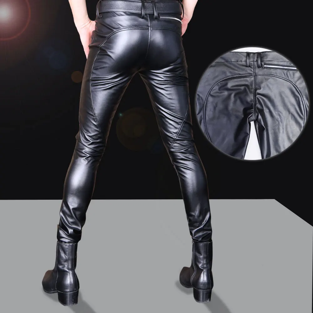 

Men Plus Size Open Crotch Pencil Pants U Convex Pouch Latex PU Shiny Stage Pants Glossy Pencil Pants Sexy Tight Elastic Gay Wear