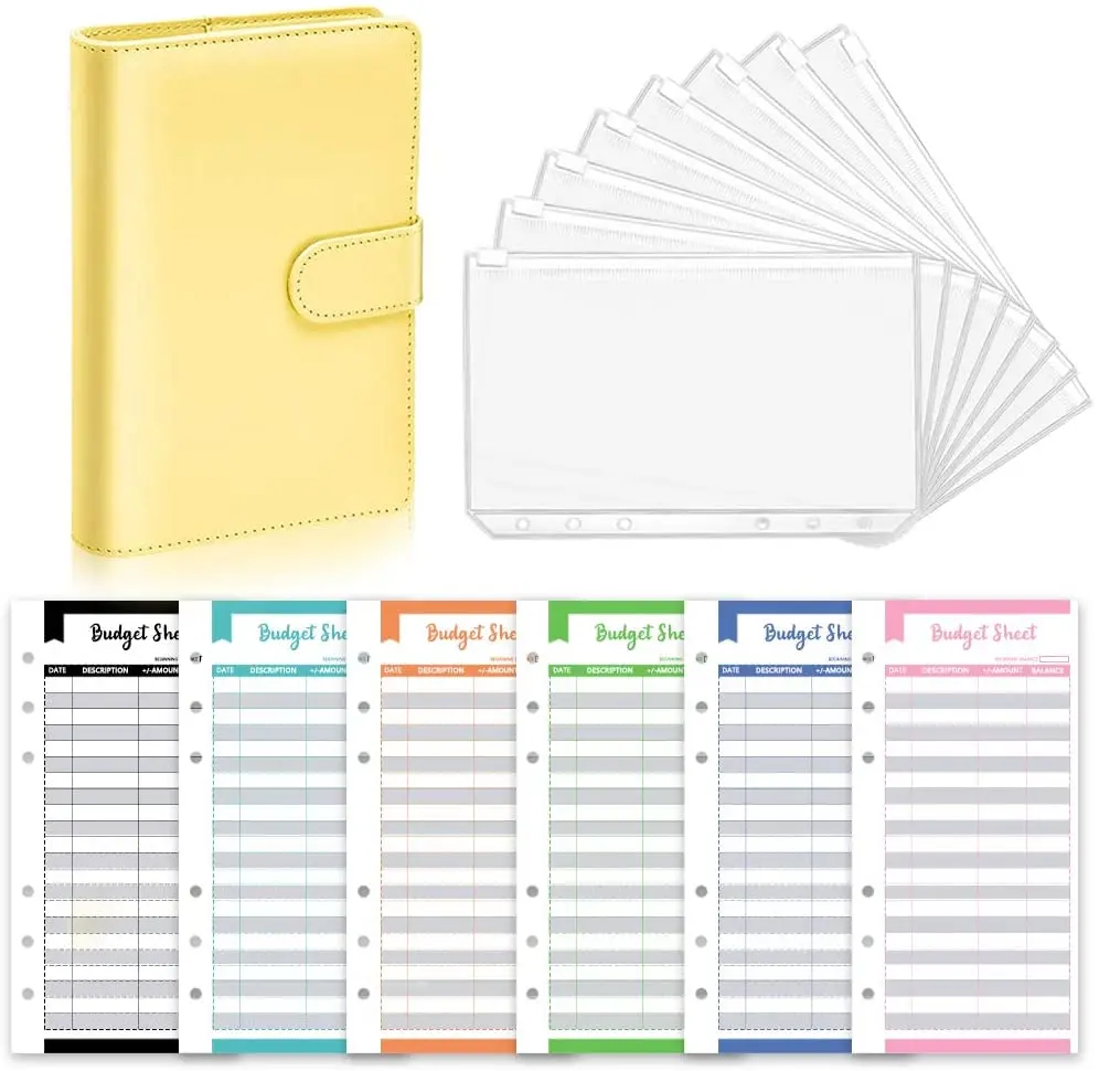 

21Pcs A6 PU 6 Rings Refillable Notebook Cover with 8Pcs PVC Zipper Envelopes Pockets and 12Pcs Budget Sheets for Bill Planner