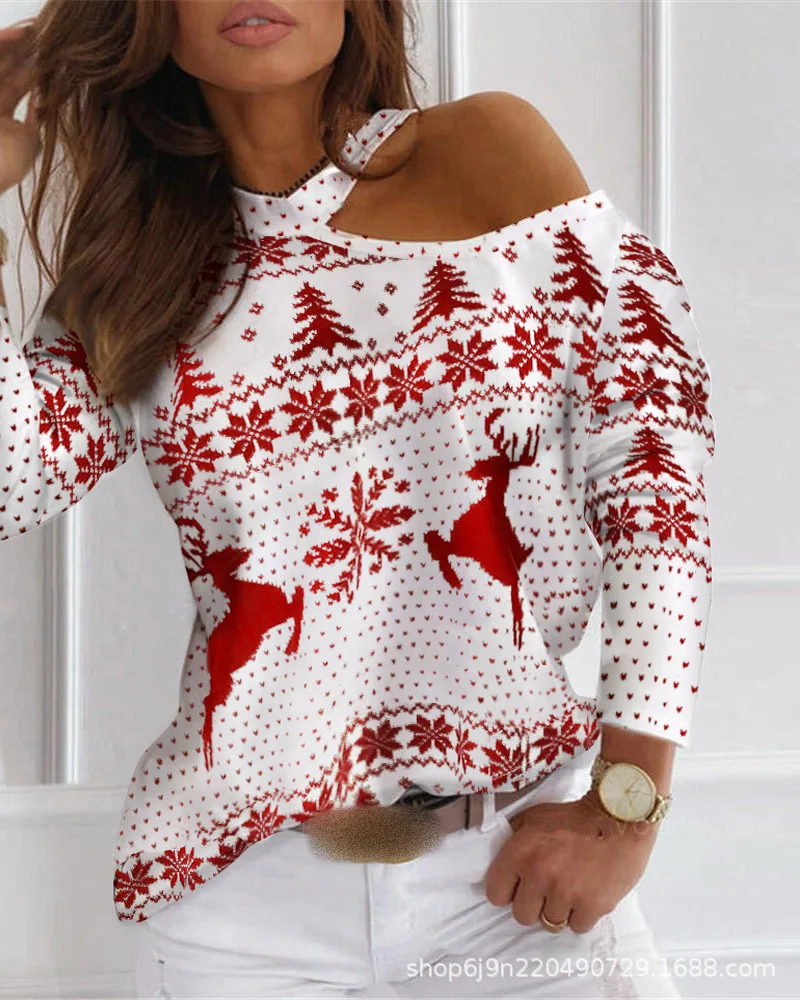 

New long sleeve T-shirt fashion trend casual Christmas printed top half off shoulder women's top