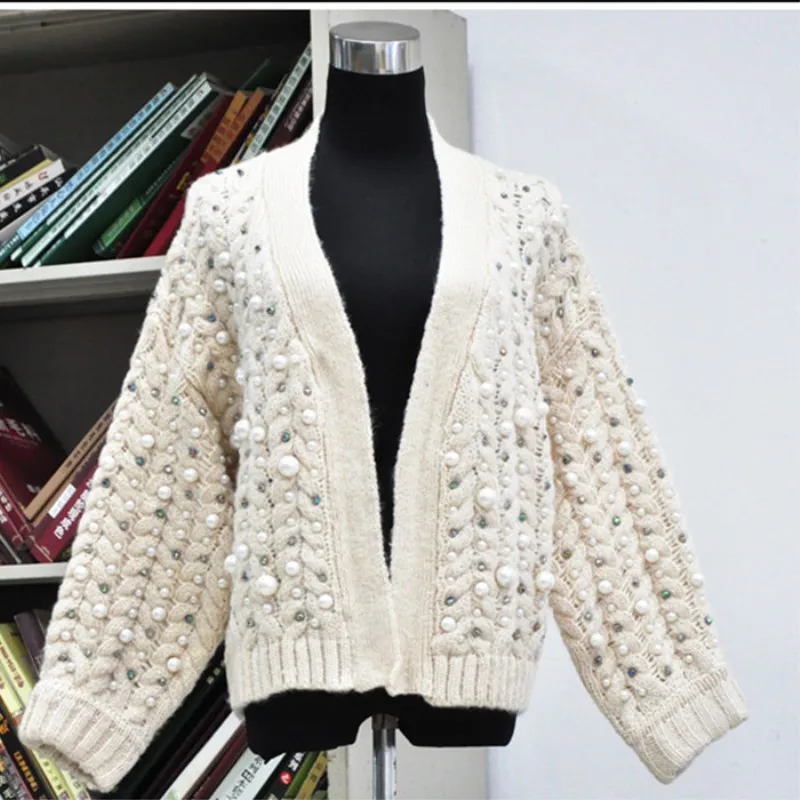 apricot cardigan Neploe, вязаный элегантный кардиган с бусинами, винтажный простой свободный женский свитер для девочек, новинка, осенняя мода, однотонный, открытый, Стич, 68617 - Цвет: apricot cardigan