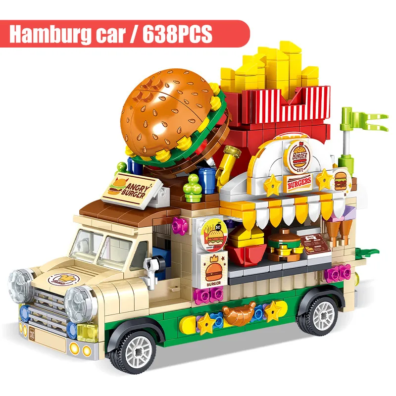 New MIni Movable Food Trucks Fruit Dessert Ice Cream Cake Sushi Burger Cars Building Blocks Stitchin Toys Girl Birthday For | Игрушки и