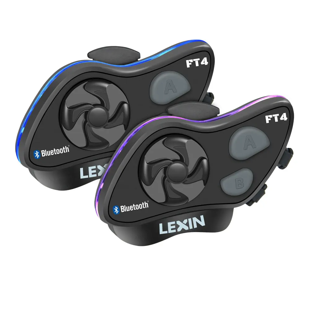 LEXIN FT4 2pcs Motorcycle 4-Way Bluetooth Conference Intercom Headset BT Intephones with FM Radio Trim Light Design