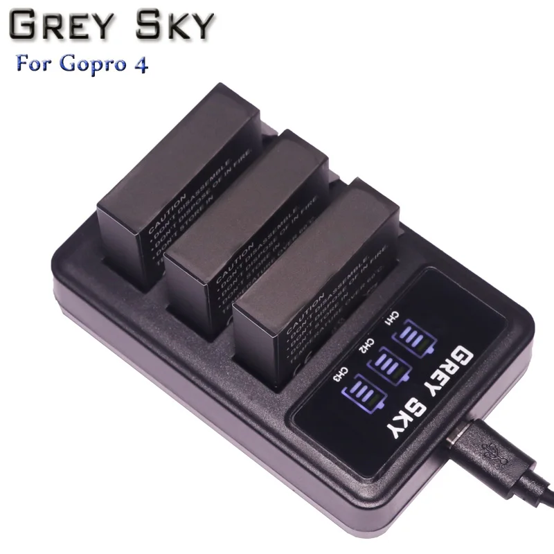 Аккумулятор со светодиодной подсветкой и 3 слотами для зарядки GoPro Hero 4