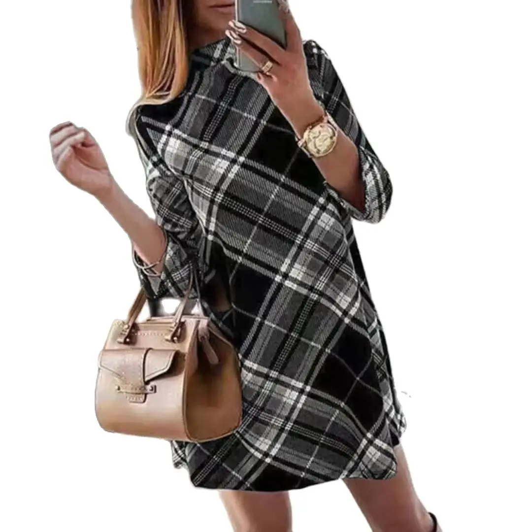 

Повседневное платье-мини в клетку с длинным рукавом, свободного покроя