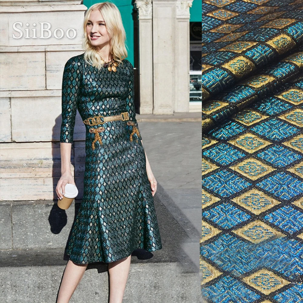 

American style blue gold geometric metallic jacquard brocade fabric for dress coat jacquard tissu tecidos stoffen telas SP4753