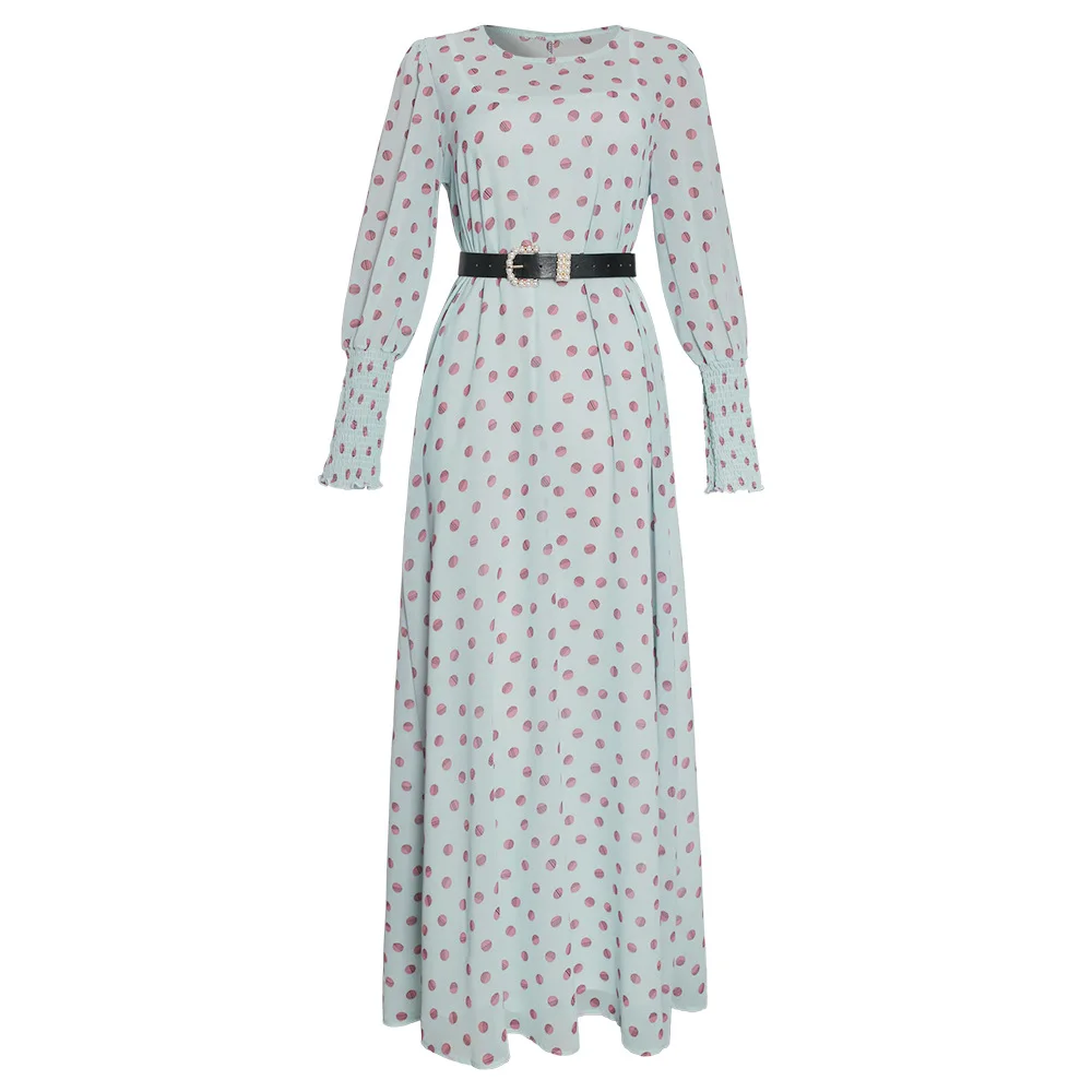 

African Print Polka Dot Maxi Dresses Women Long Sleeve Chiffon Dress Underdress Muslim 2 Pieces Set Fashion Evening Gowns 2021