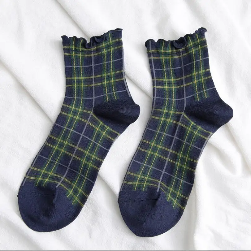 Women Solid Plaid Cotton Socks Wrinkled Cuff Check Socks Girls Winter Socks Ankle Sock Black White Plaid Crew Socks 5 pairs/lot