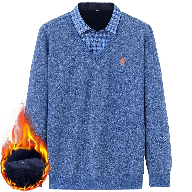 

Autumn and winter men's plus fleece fake two warm shirts Youth business casual fashion sweater shirt Classic padded slim top 4XL