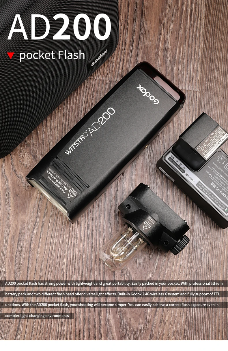 Godox AD200 комплект 200Ws 2,4G ttl карманная вспышка стробоскоп 1/8000 HSS Беспроводная монолайт 2900mAh литиевая батарея и голая лампочка/Speedlite