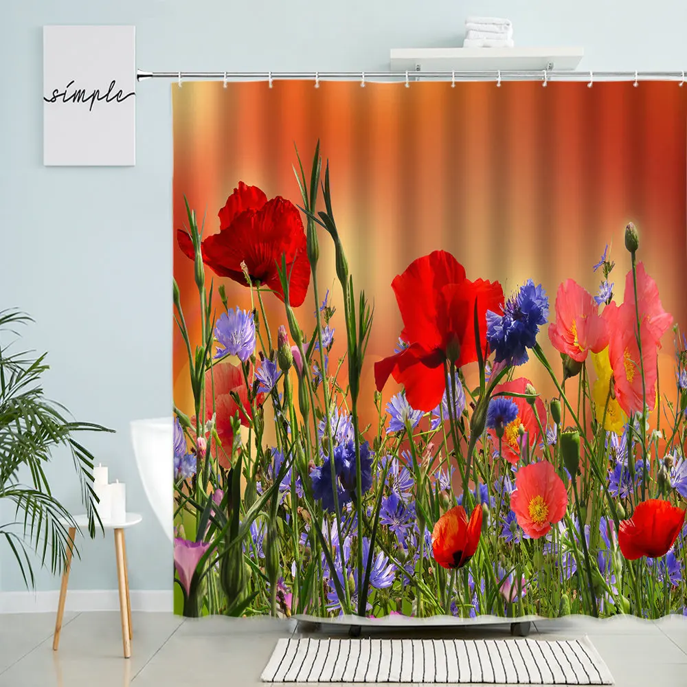 

Flowers Scenery Shower Curtain Poppy Red Floral Blooming Plant Leaf Spring Nature Bathroom Decor Waterproof Screen With Hooks