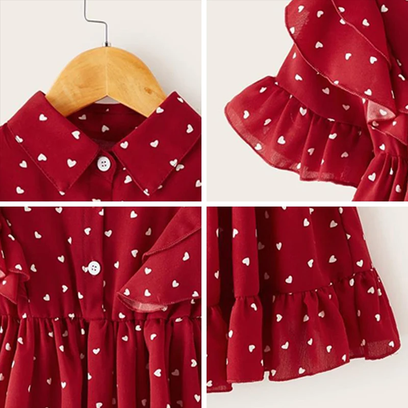 

Girls Casual Dresses 2021 New Summer Baby Costumes Kids Heart Print Chiffon Princess Vestidos Ruffles Children Clothing 2-6Y