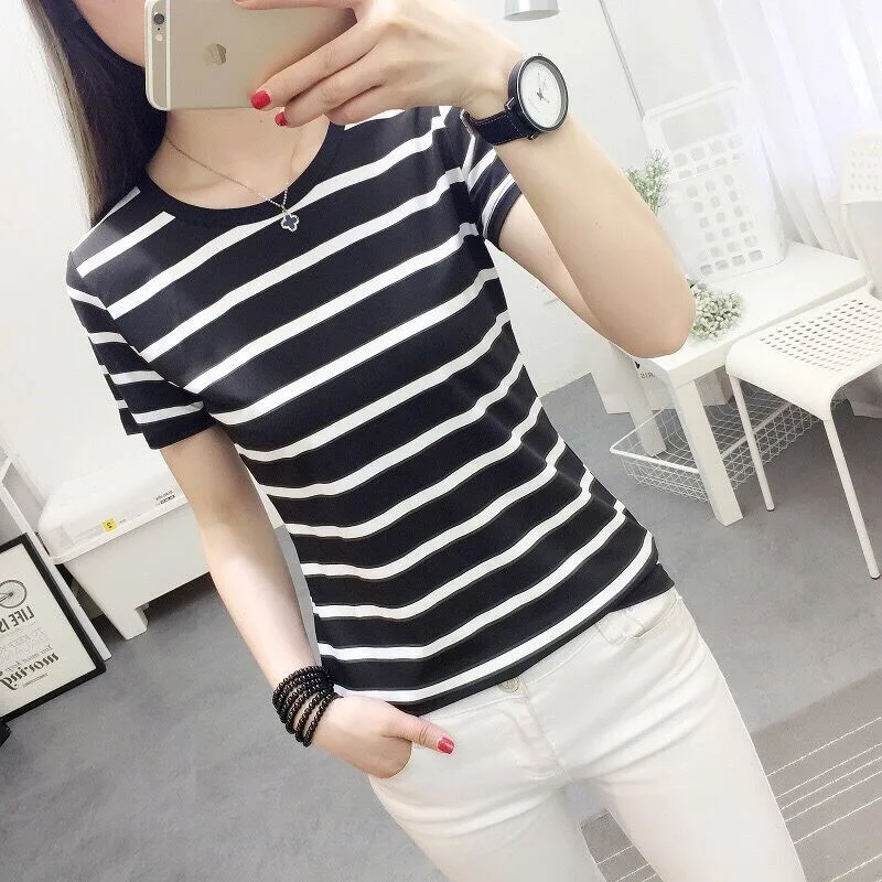 short sleeve white Полосатая женская футболка с круглым вырезом, хлопковая футболка, облегающая одежда с длинными рукавами, женская тонкая футболка, повседневные топы, футболки для женщин - Цвет: short sleeve white