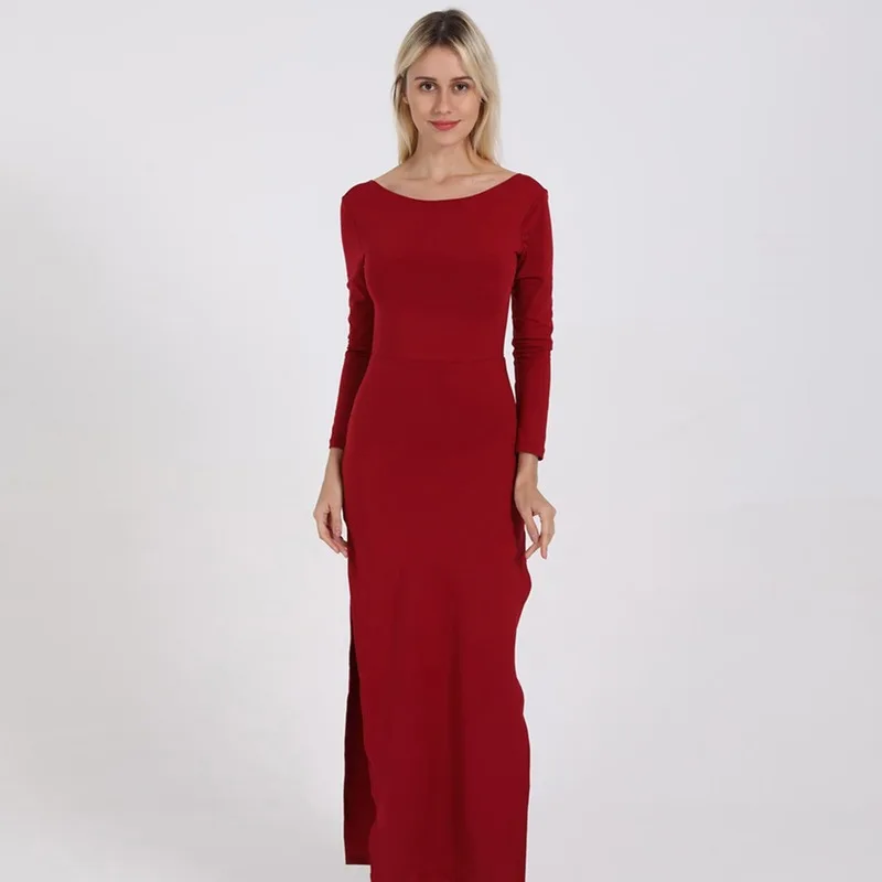 

Dress Women Cotton Fall Winter Sexy Open Back Forked Dress Long Sleeve New Elegant Vestidos Waist Black Party Night Dresses
