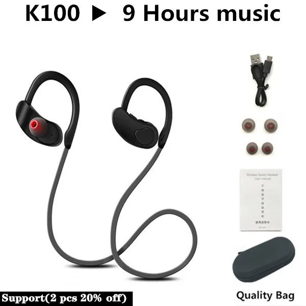 Спортивные Bluetooth наушники, беспроводные наушники, Bluetooth гарнитура, водонепроницаемый шумоподавитель с микрофоном для телефонов android ios - Цвет: K100 Black