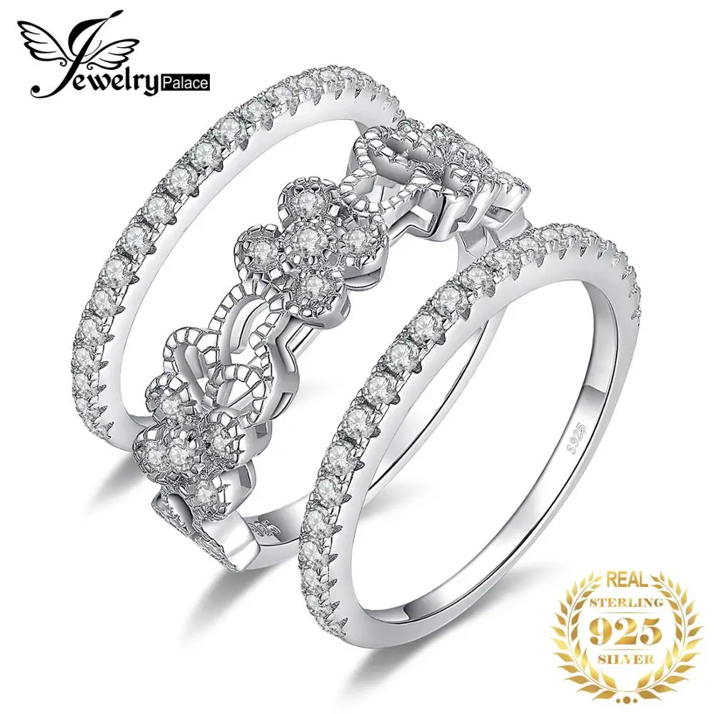 

JewelryPalace Flower Butterfly 925 Sterling Silver CZ Simulated Diamond Stackable Ring Eternity Wedding Band Ring Set for Women