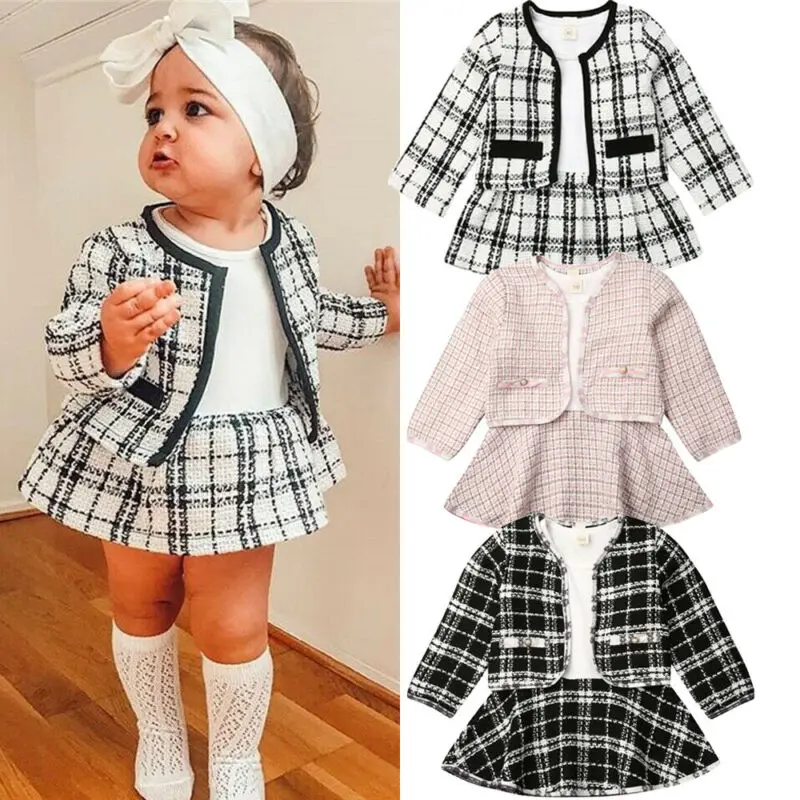 

2020 Toddler Kids Girl Boutique Clothes Sets Birthday Long Sleeve Plaid Coat Tops+Tutu Dress 2Pcs Party Autumn Warm Outfits 1-5T
