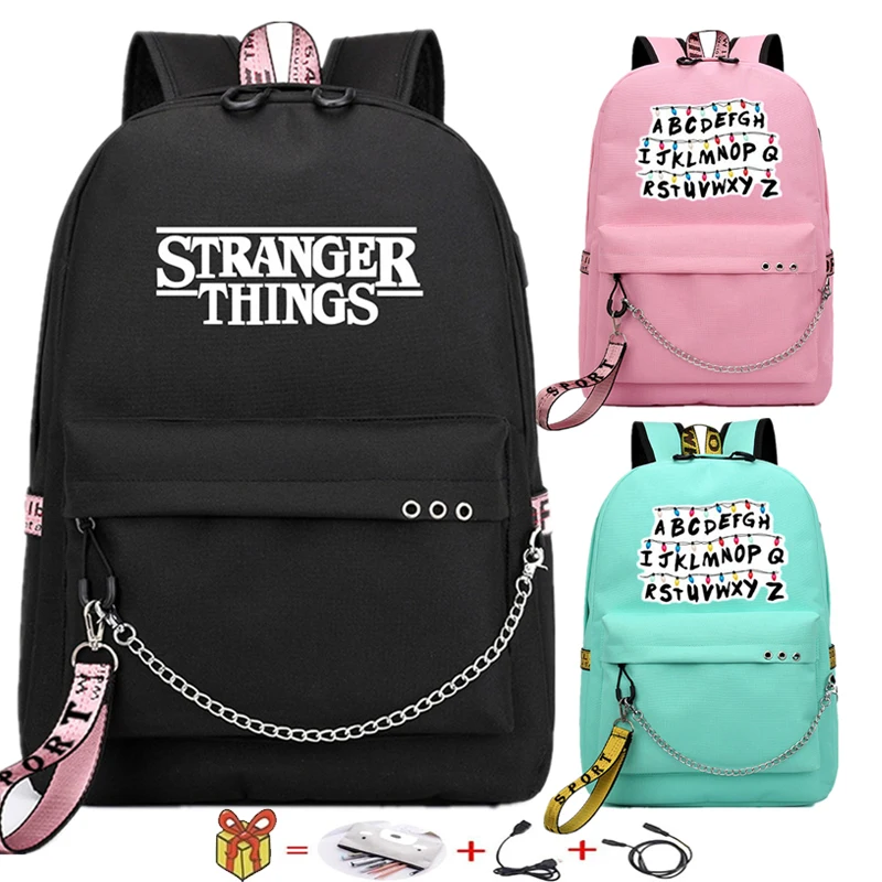 

Stranger Things USB Backpack School Book Bags Fans Travel Bags Laptop Chain Backpack Headphone Port Waterproof Laptop bags