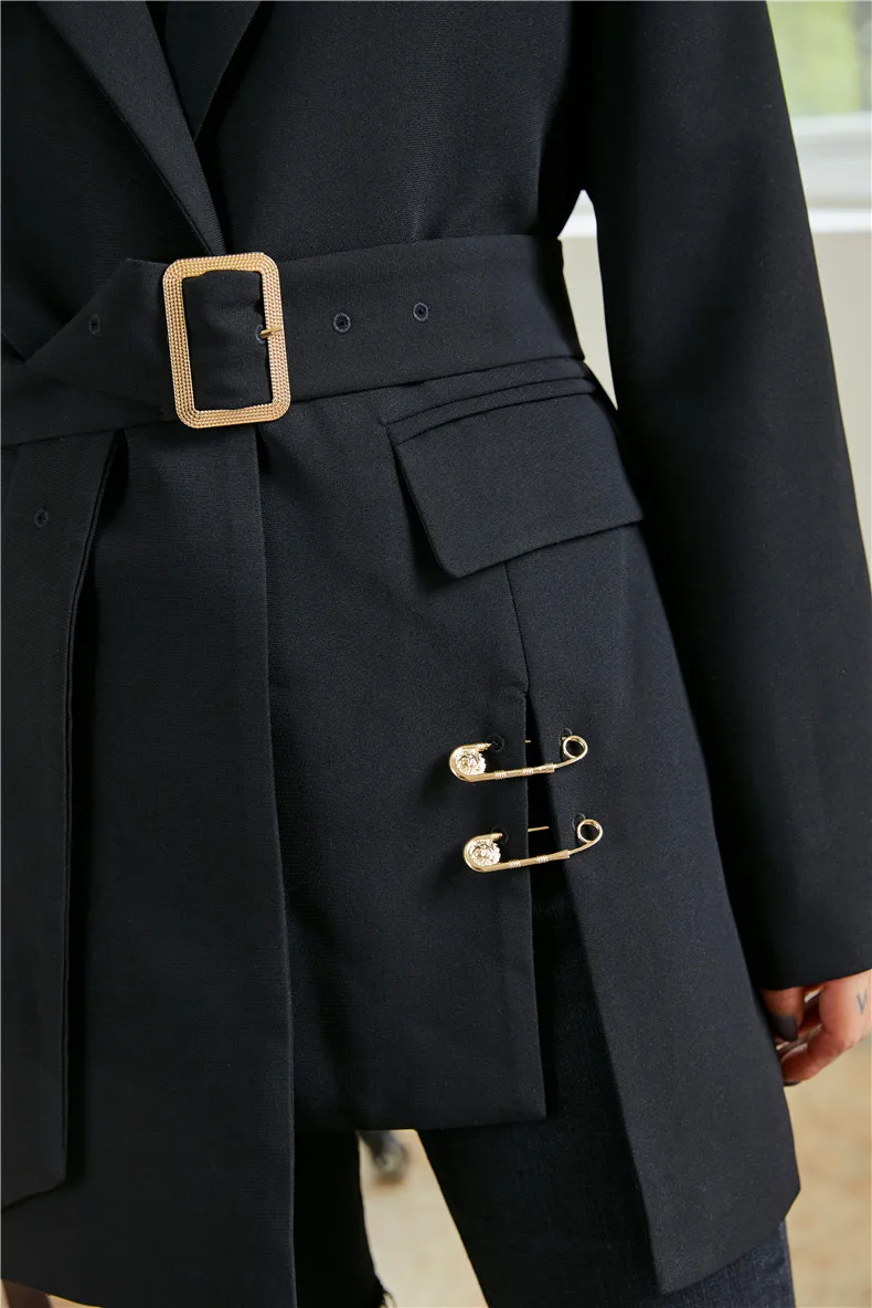 

New 2020 Spring Fall Women black Jackets Women long Jacket Black Suit Long Sleeve Notched Collar Sashes OL Outwear Women