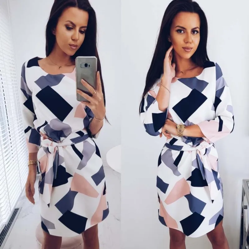 

2021 Geometric Printed Sashes Pockets Autumn Dress Woman Three Quarter Sleeves O-Neck Fall Casual Loose Straight Mini Dresses