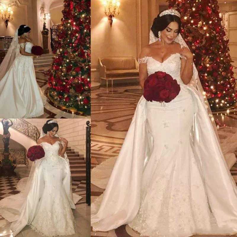 

Plus Size Appliques Lace Mermaid Wedding Dresses Simple Sweetheart Neck Detachable Train Satin Bridal Gown vestido de noiva