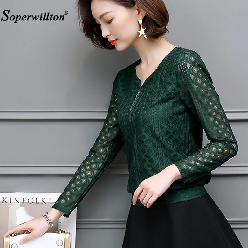 Women's New 2020 Chiffon Hollow Out Lace Blouses Tops Feminine Long Sleeved Shirt Button Top Plus Size 3XL Blusa Femme Fiminina |