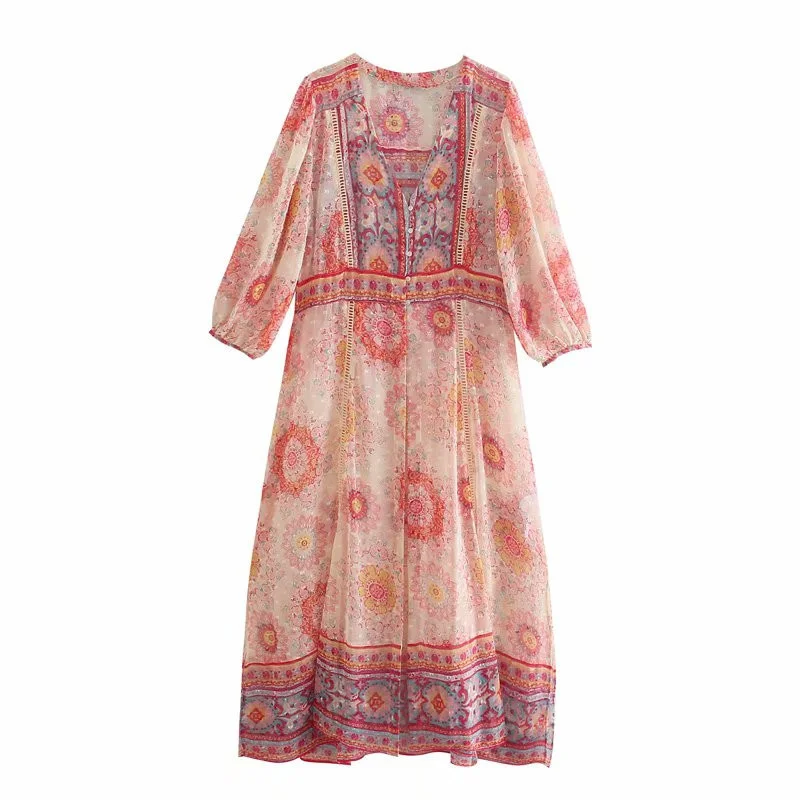 

2021 Summer Vintage Lace Insert Print Kaftan Dress Women Puff Sleeve Slits Elegant Party Dresses Woman Ruffle Long Dress