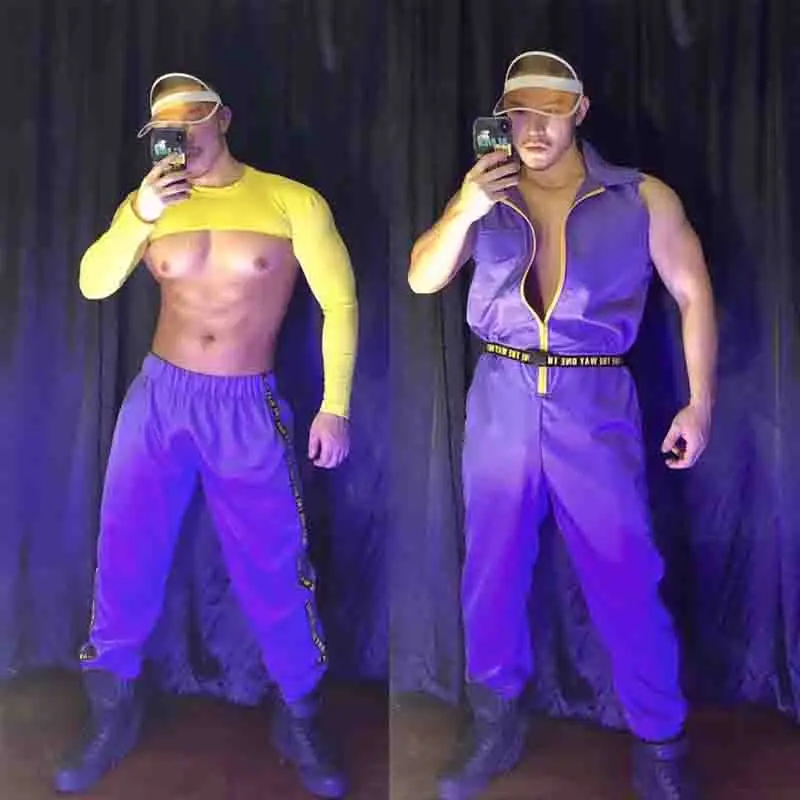 

New Purple Hip-hop Overalls Men Gogo DS DJ Solo Costumes Jazz Stage Wear Nightclub Festival Clothing Rave Outfits XS1520