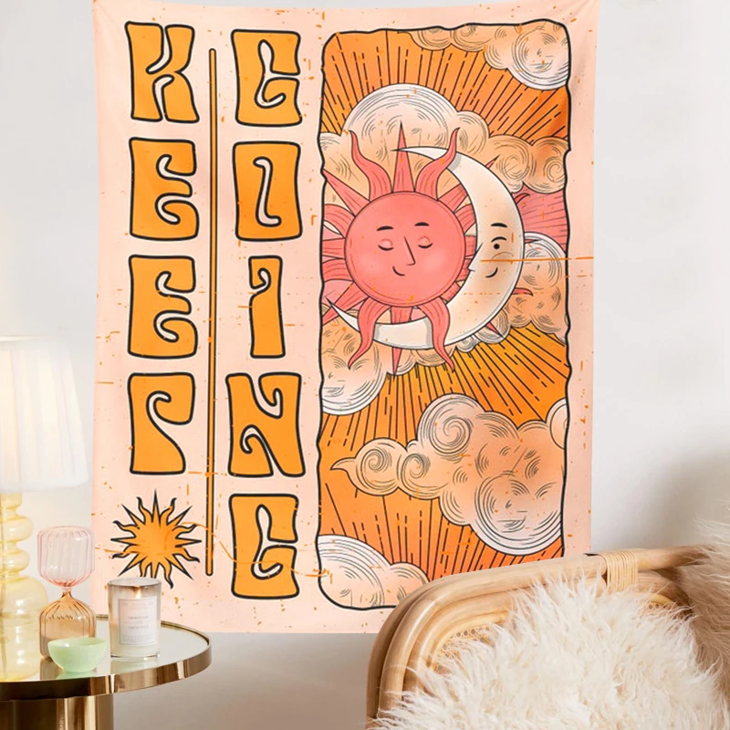 Гобелен с цитатой Keep Going Настенный декор в стиле ретро 70-х подвеска виде солнца