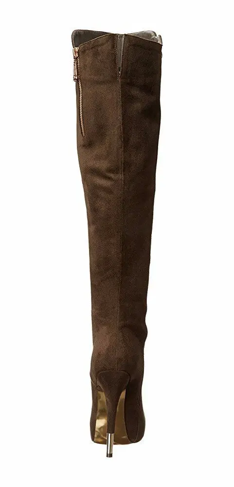 Women's Autumn Winter Knee High Boots Round Toe with Platform Side Zipper Brown Velvet Boots