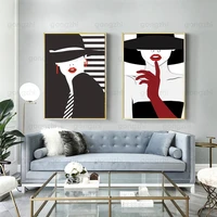 fashion nordic minimalist black hat sexy red lips urban beauty abstract home frameless decorative canvas print poster