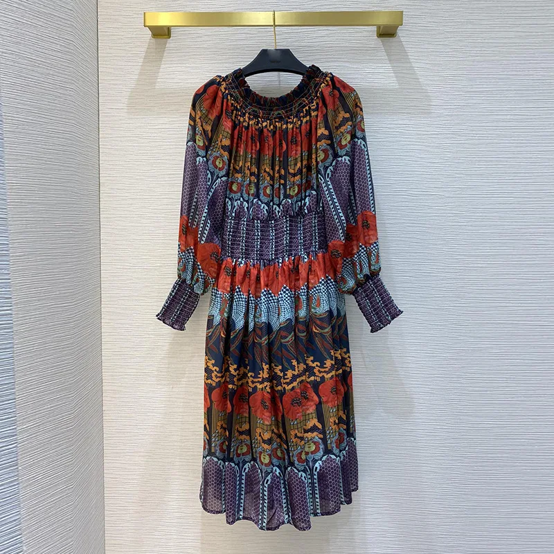 Novo na Moda Vestido de Uma Vestido de Praia Alta Qualidade Verão Temperamento Palavra Gola Mangas Alargadas Posicionamento Impressão Elegante