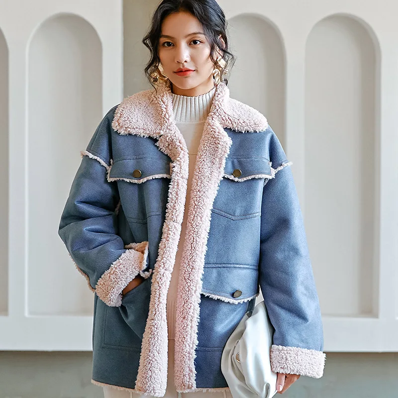 

Winter Women High Quality faux lambswool Fur OverCoats Luxury short casual Thick Warm Plus Size female 2019 blue beige fashion