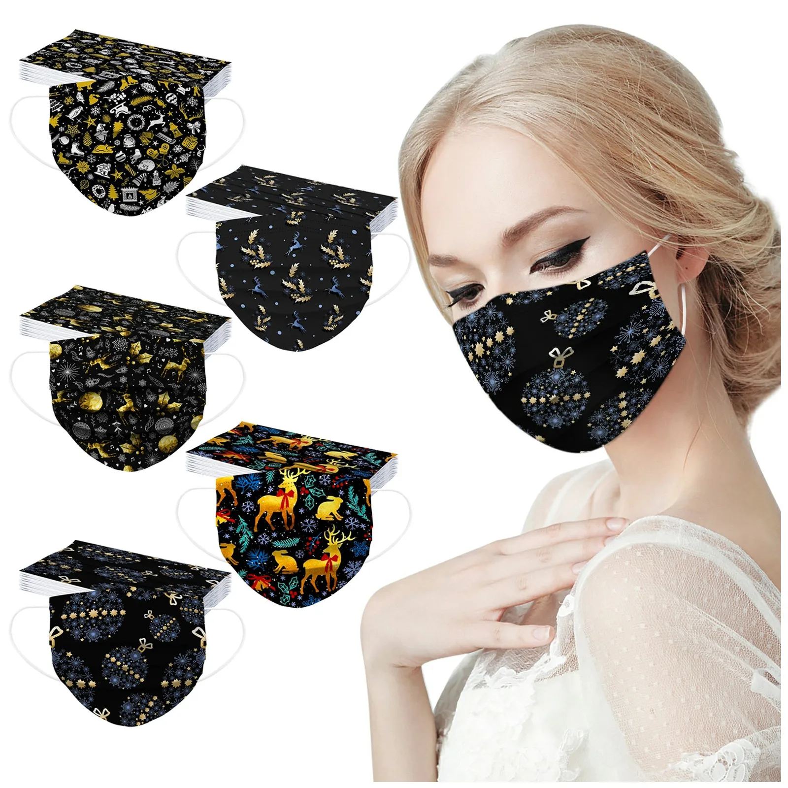 

50 шт., одноразовые маски для лица с рисунком оленя