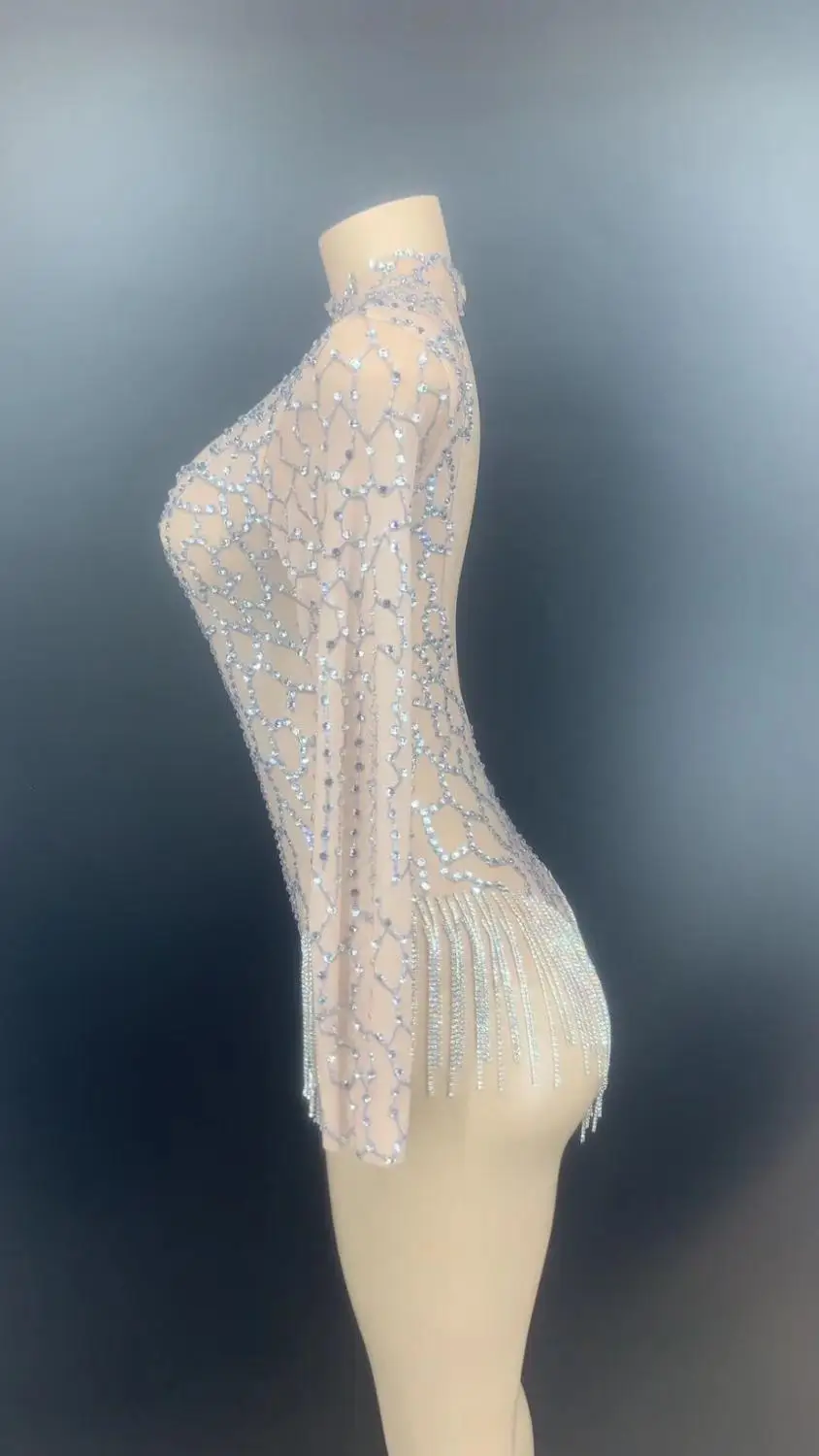 Women Sexy Stage Silver Rhinestones Fringes Backless Transparent Mesh Bodysuit Women Dancer DS Wear Birthday Celebrate Outfit