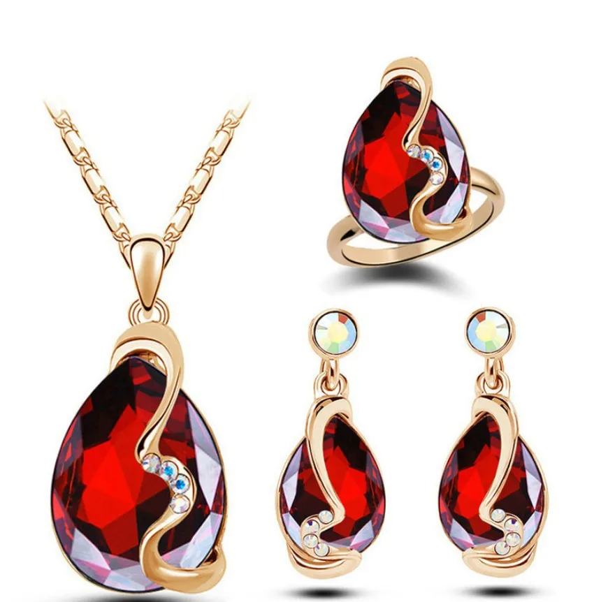 

Austrian Crystal Earrings Necklace Ring Three Piece Jewelry Set Red Earrings Sapphire Blue Necklace purple ring banquet set jewe